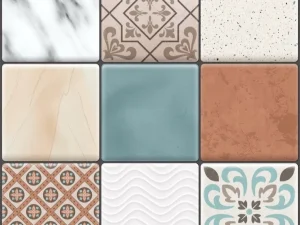 A grid of various decorative floor tile samples with rich patterns.